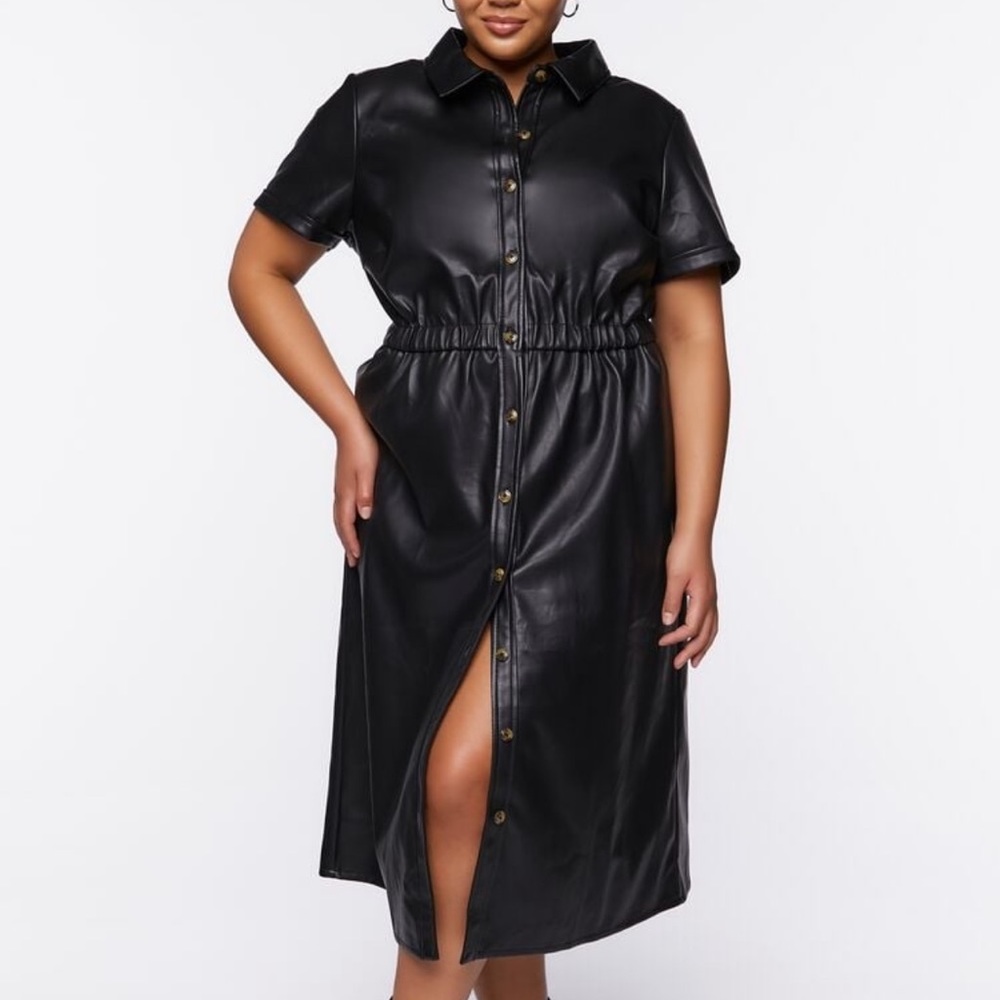 Plus size faux leather shirt dress